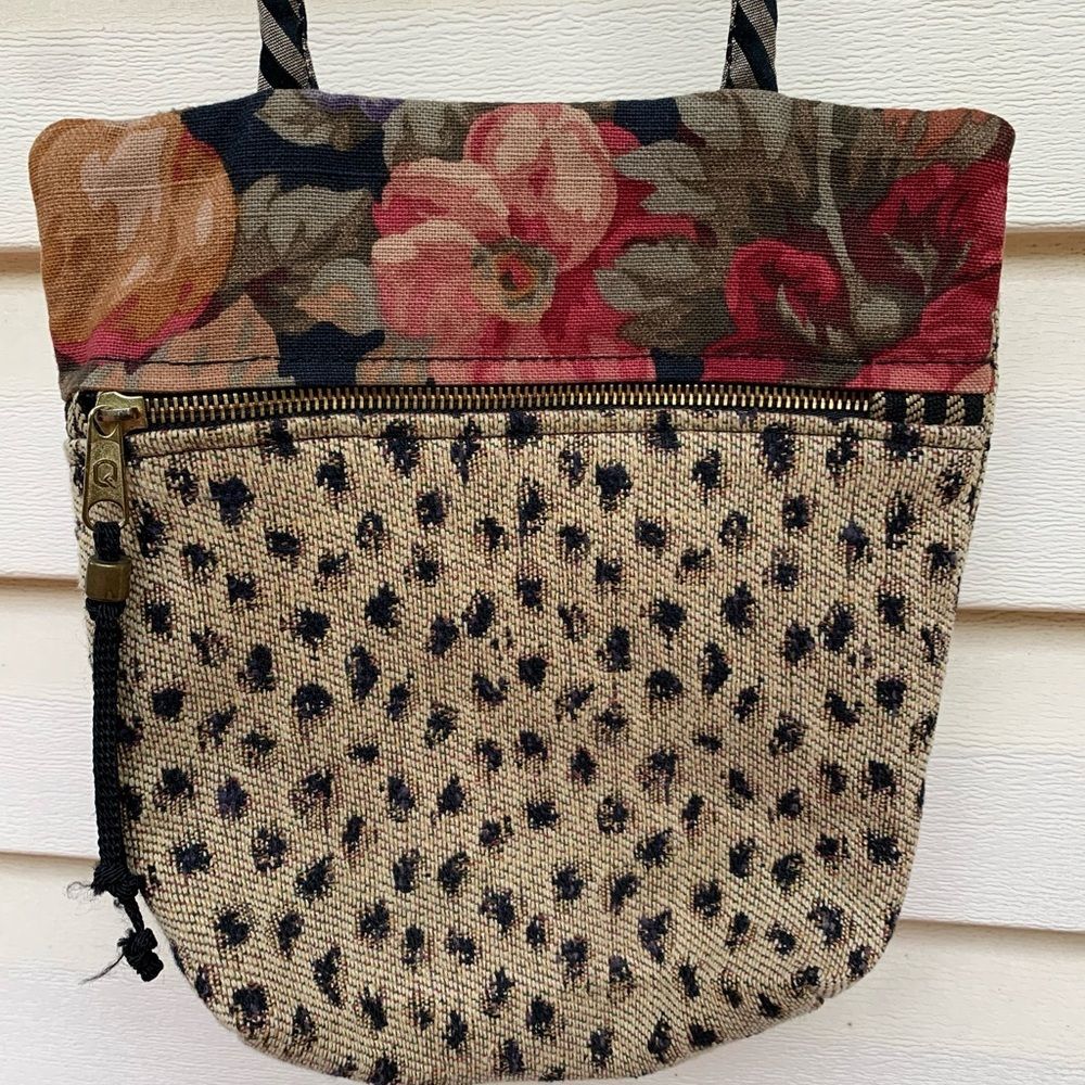 Hand-sewn beige animal print crossbody bag, one compartment, 9x10 inches